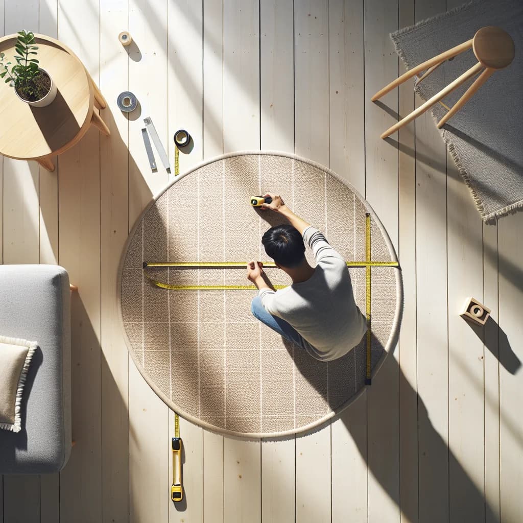 Person mäter golvyta med måttband för att bestämma storlek på rund matta