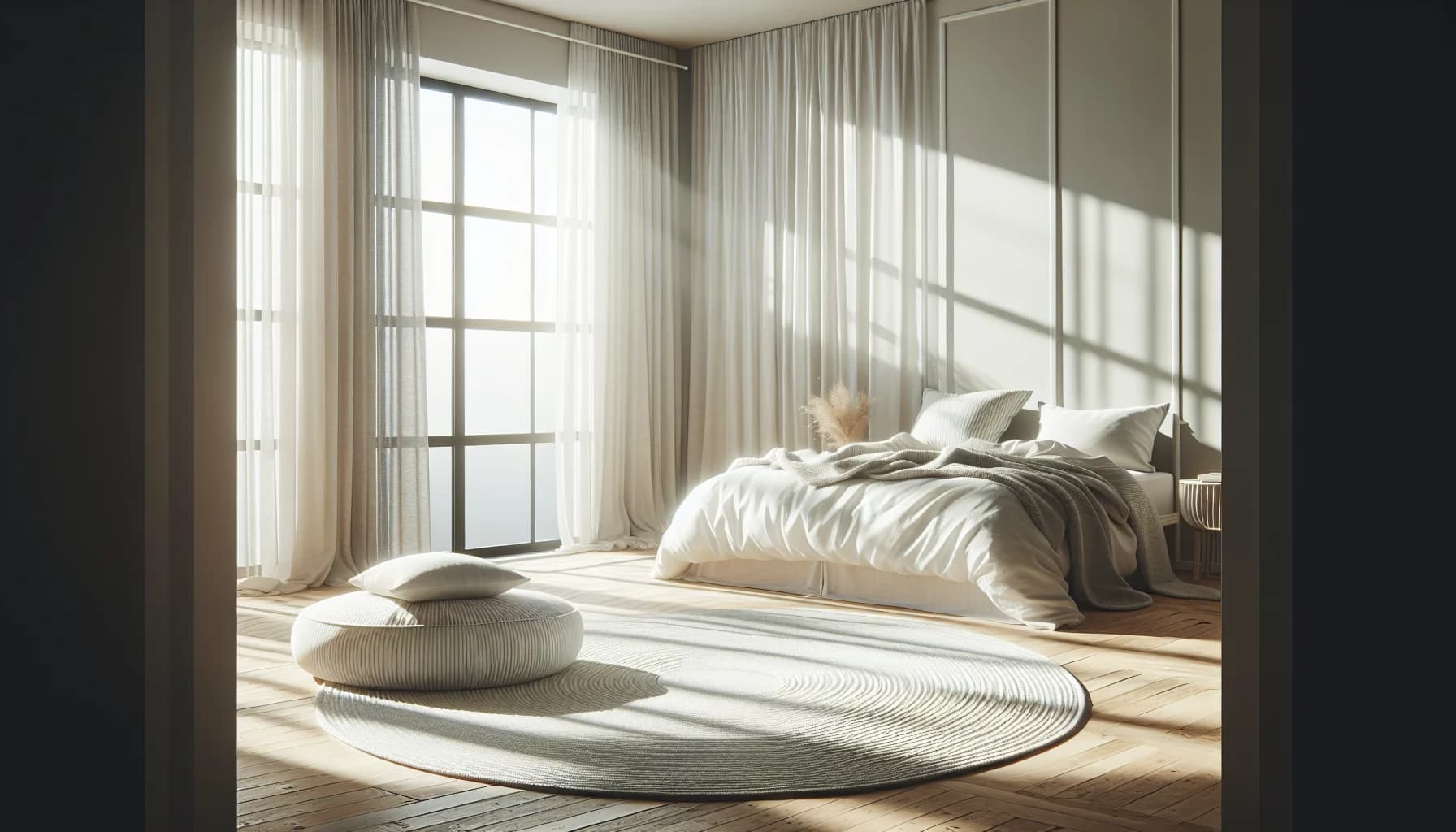 Rund bomullsmatta i ljusa ränder i luftigt skandinaviskt sovrum