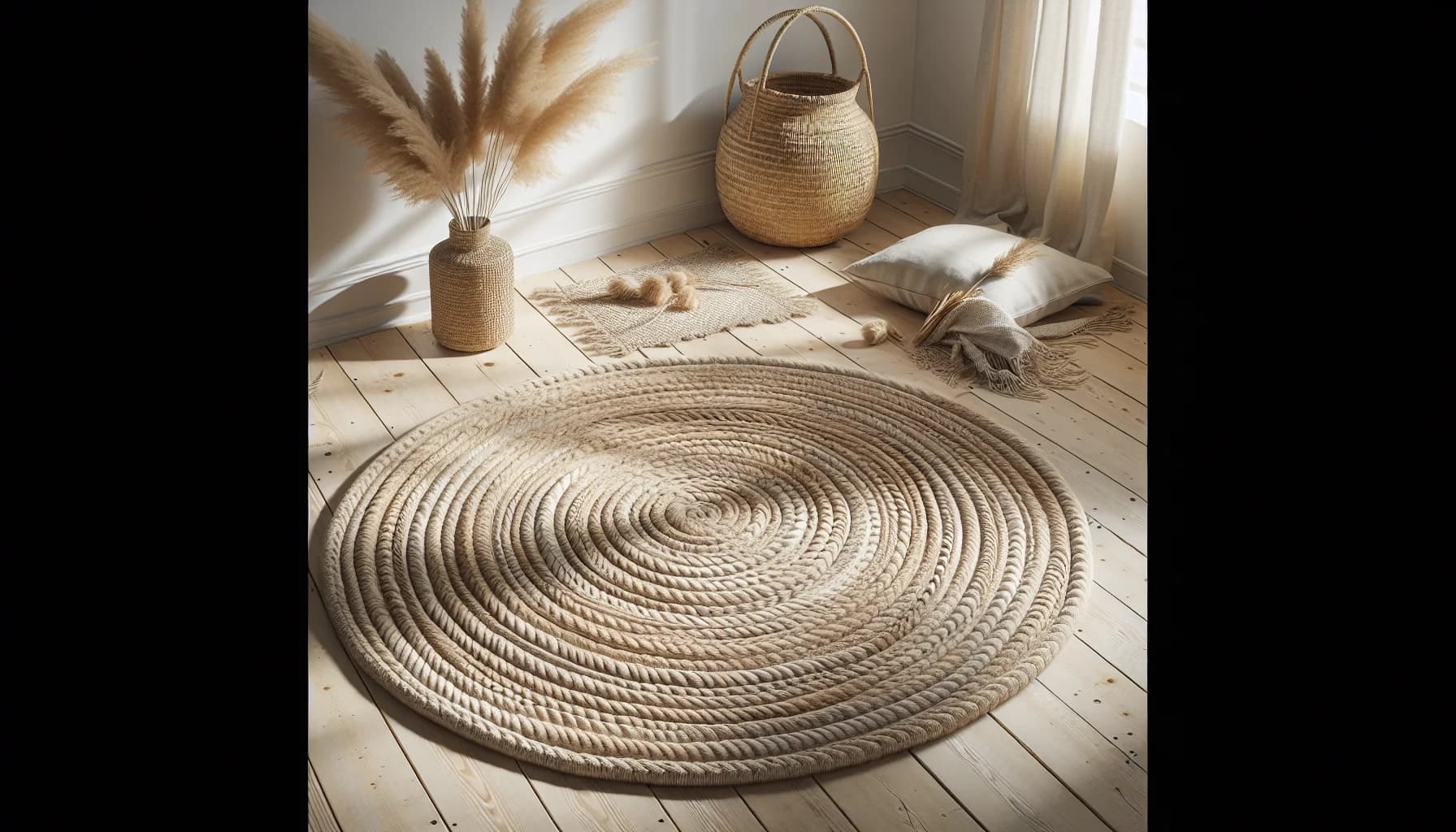 Rund jutematta med naturlig flätad textur i bohemiskt skandinaviskt rum