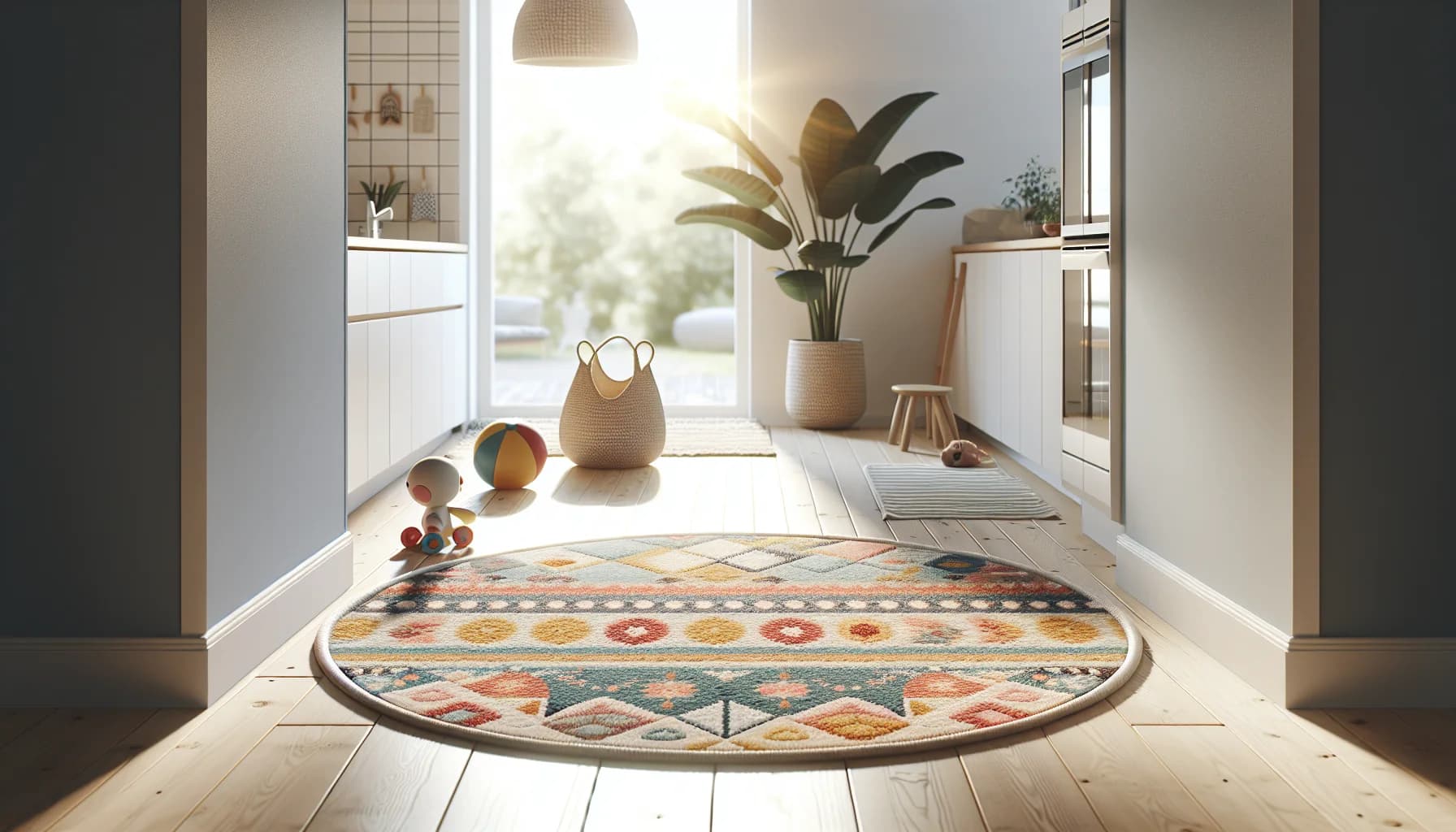 Mönstrad rund syntetmatta i barnvänligt hem visar tålighet och enkel rengöring