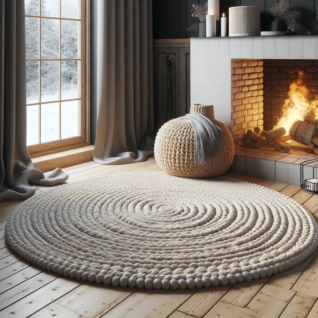 Rund ullmatta vid öppen spis i mysigt vardagsrum visar värmeisolerande egenskaper