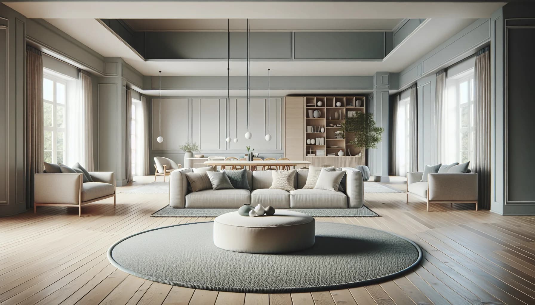För liten rund matta som flyter i stort vardagsrum utan att nå möblerna