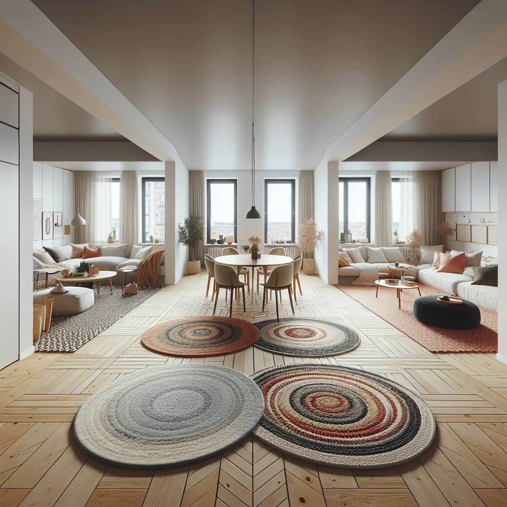Runda mattor i öppen planlösning avgränsar matplats och vardagsrum utan väggar