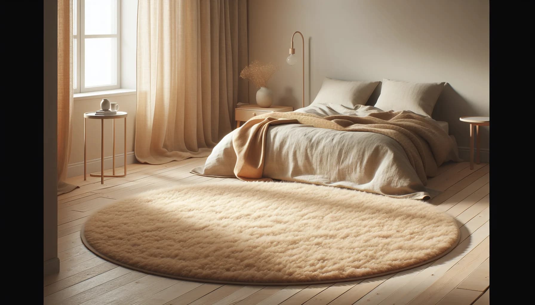 Rund matta i sovrum vid sängkanten – mjukt underlag att kliva upp på
