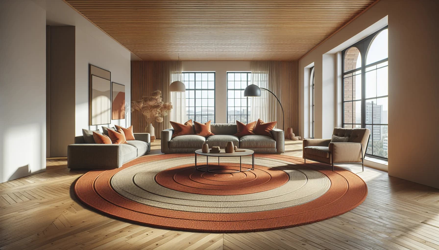 Rund matta i vardagsrum under soffgrupp – rätt storlek och placering