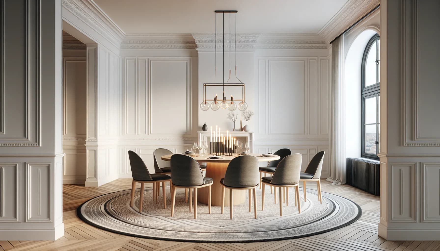 Rund matta 300 cm under runt matbord med sex stolar i elegant matsal